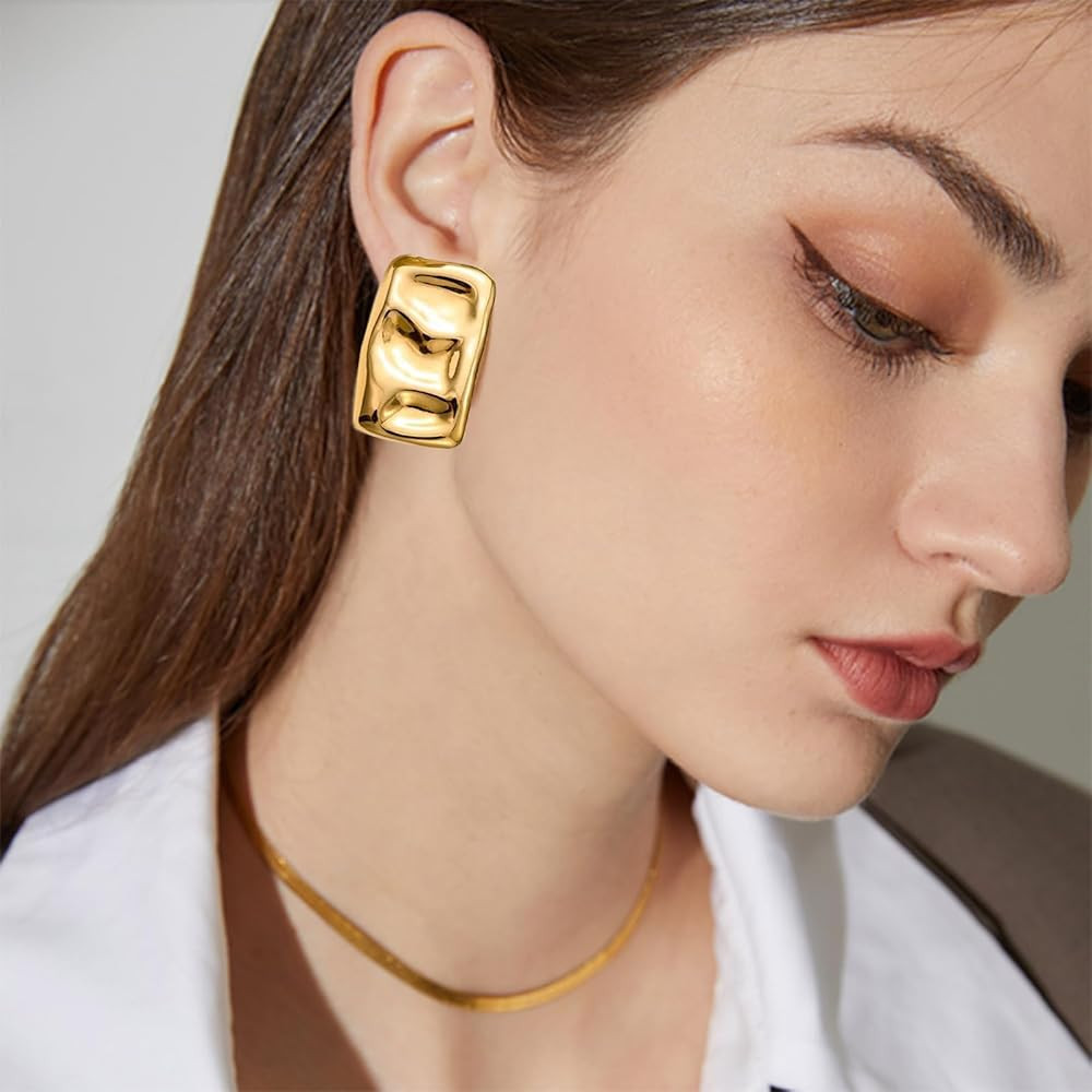  Chunky Gold Rectangle Stud Earrings for Women, Dainty Thick Stud Earrings, Minimalist Geometric Ear | Amazon (US)