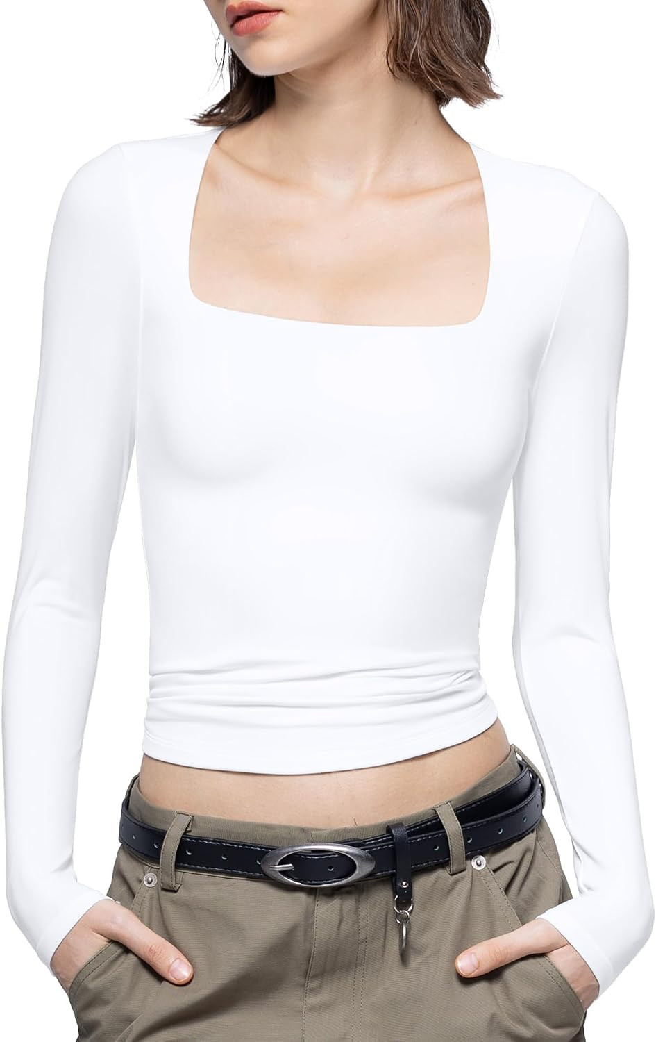 PUMIEY Women's Square Neck Long Sleeve T Shirts Slim Fit Tops Basic Tee Smoke Cloud Pro Collection | Amazon (US)