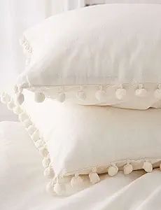 Pom-Fringe Sham Set Cotton Pillow Covers,18.9in x29.1in,Set of 2 | Amazon (US)