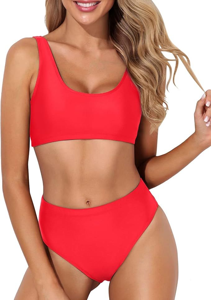 Tempt Me Women Two Piece Scoop Neck Bikini Crop Top High Cut Swimsuit Sporty High Waisted Bathing... | Amazon (US)