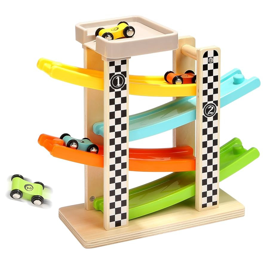 Toddler Toys for 1 2 Year Old Boy and Girl Gifts Wooden Race Track Car Ramp Racer with 4 Mini Car | Amazon (US)