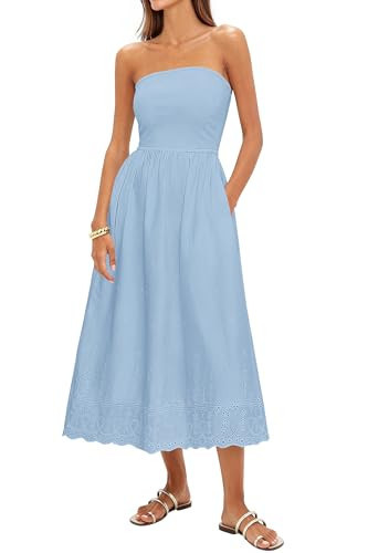 PRETTYGARDEN Womens Summer Dresses 2026 Sexy Sleeveless Tube Top Long Dress Eyelet Cotton Maxi Beach Sundress Pockets(Light Blue,Small) | Amazon (US)