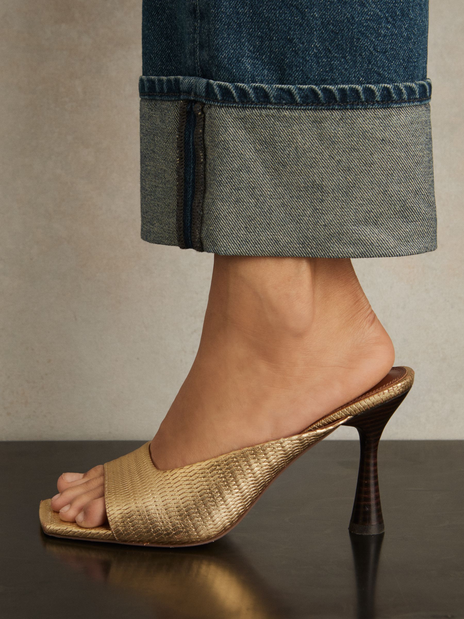 Leather Heeled Mules in Gold | Reiss UK