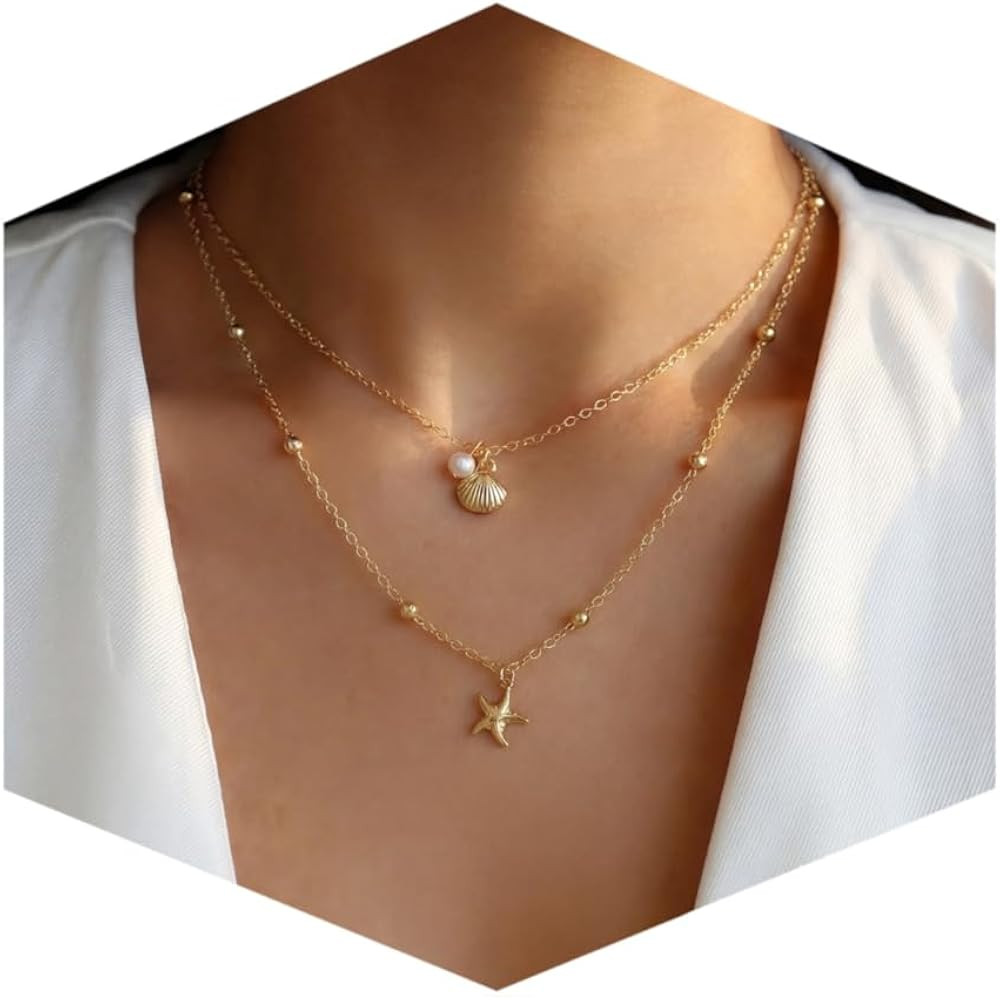 Shell Starfish Necklace for Women, 14k Gold Plated Boho Layered Beaded Charm Pendant Necklace, Da... | Amazon (US)