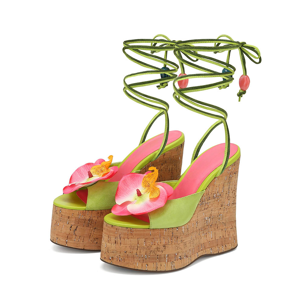 Green Open Toe Flower Decor Lace-Up Platform Wedge Sandals for Women | FSJshoes.com