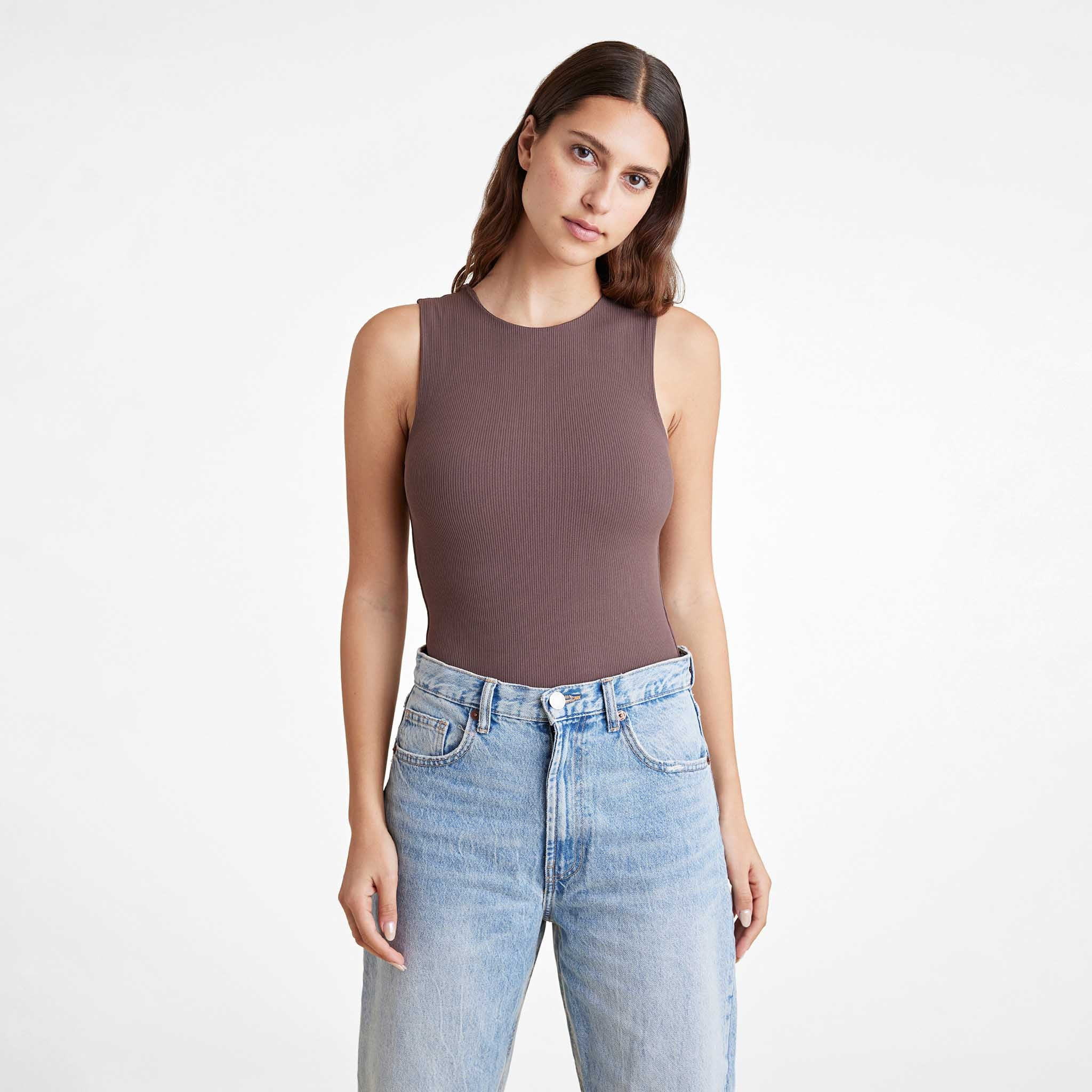 Ribbed Crewneck Tank Bodysuit | Coffee | Nuuds US
