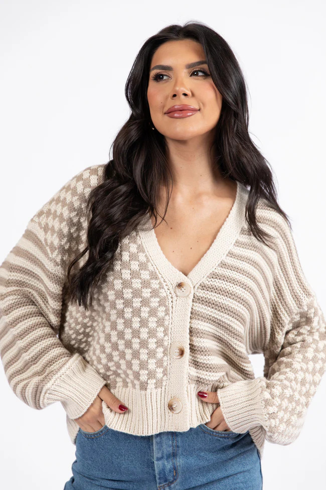 Time To Waste Beige Checkered and Striped Cardigan DOORBUSTER | Pink Lily