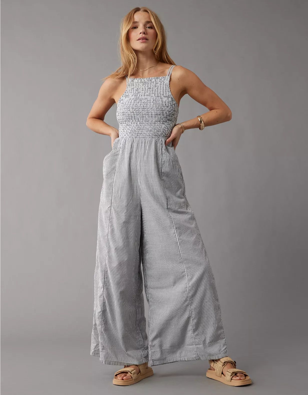 AE Striped High Neck Smocked Jumpsuit | American Eagle Outfitters (US & CA)