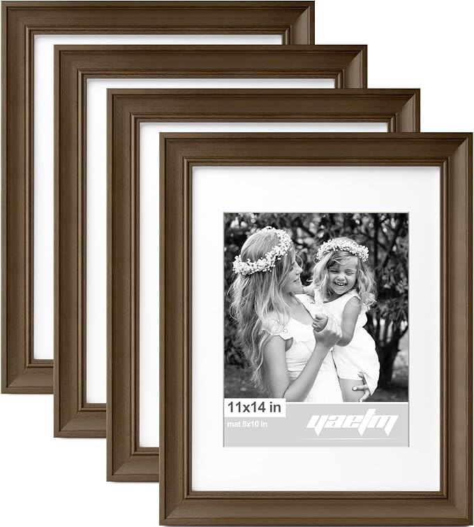 Yaetm 11x14 Picture Frame with Mat for 8x10 Set of 4, 1.4" Wide Molding Brown Wood Grain Photo Fr... | Amazon (US)