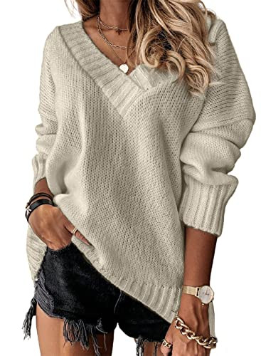 EVALESS Fall Oversized Sweaters for Women Fashion 2023 V Neck Knitted Sweater Tops Cozy Long Sleeve Pullover Tops Khaki XX-Large | Amazon (US)