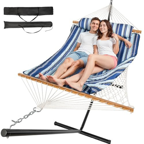 Everyfun 2 Person Outdoor Hammock with Stand, Cotton Rope Hammock with Polyester Pad, Adjustable Steel Frame, Portable with Carrying Bag – for Patio, Backyard, Garden, Beach, Blue | Amazon (US)