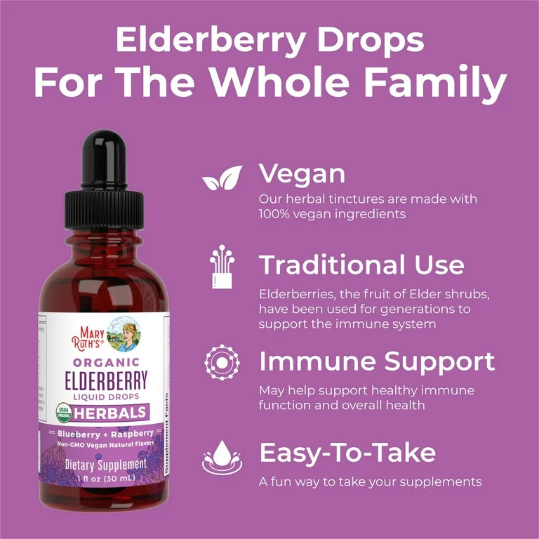 MaryRuth Organics Organic Elderberry Liquid Drops, Herbals, Blueberry + Raspberry, 1 fl oz (30 ml... | Walmart (US)