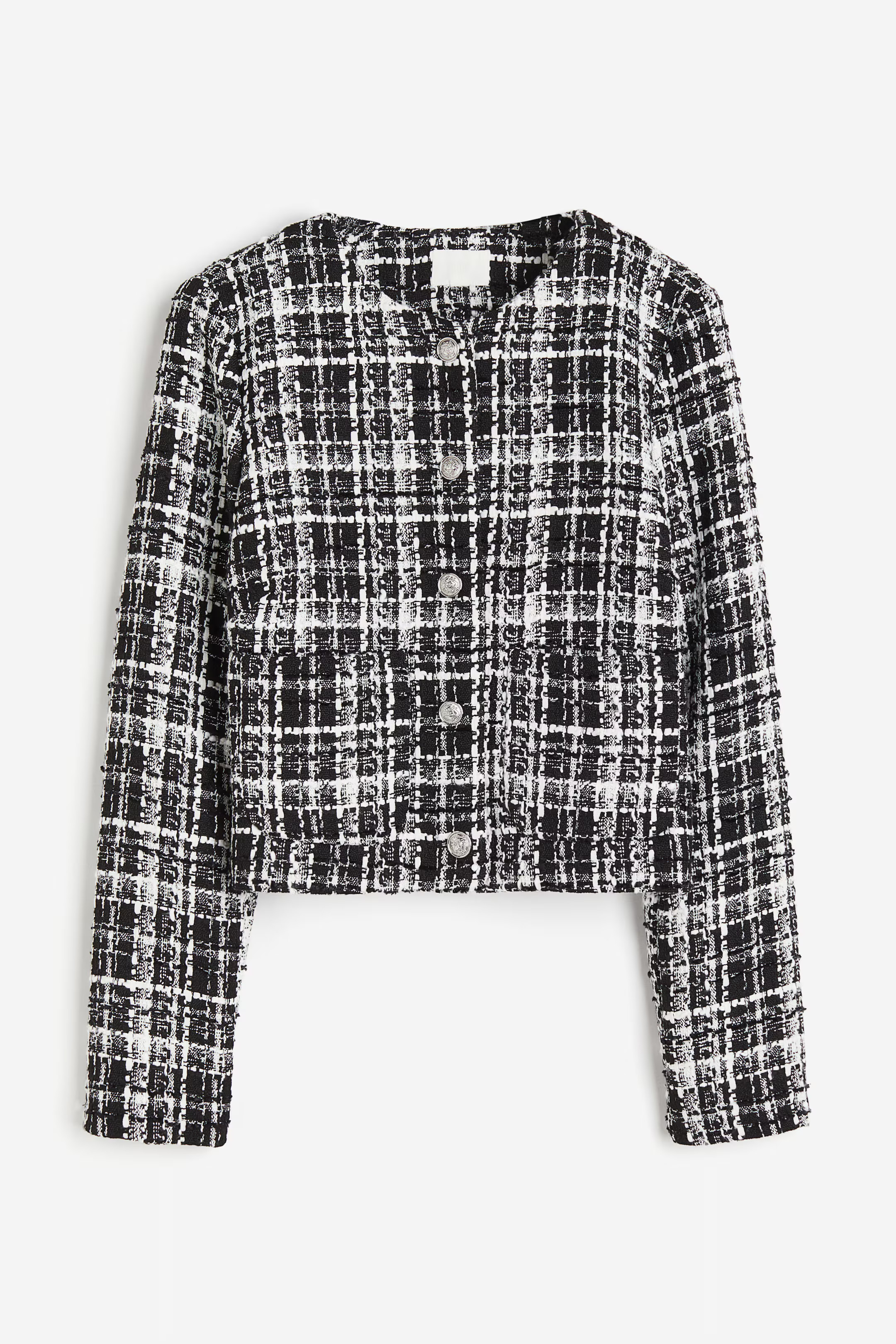 Bouclé Jacket - Round Neck - Long sleeve - Black/plaid - Ladies | H&M US | H&M (US + CA)