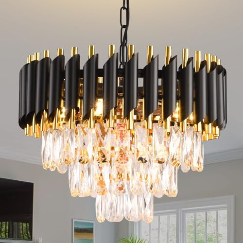 Modern Crystal Chandelier Black and Gold Chandelier 3-Tier Round Chandeliers Pendant Ceiling Light Fixture Flush Mount Chandelier for Dining Room Living Room Bedroom Foyer Hallway Entryway W16" | Amazon (US)