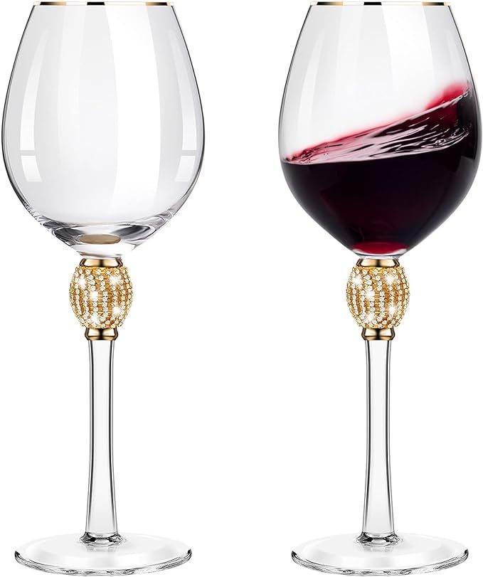 2 Pieces Rhinestone Red Wine Glass with Rim Tulip Shaped Diamond Wine Glasses Long Stem Glassware... | Amazon (US)