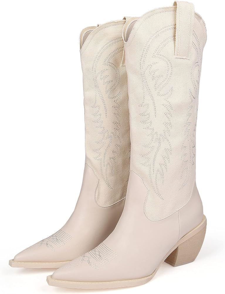 MissHeel Cowboy Boots for Women Embroidered Canvas Cowgirl Knee High Western Boots Pull-On | Amazon (US)