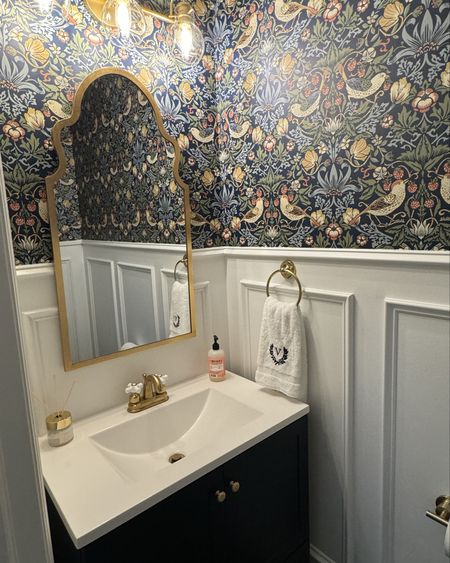 Powder bathroom update complete! 

Remodel, bathroom, trim, sink vanity, vintage, wallpaperr

#LTKHome