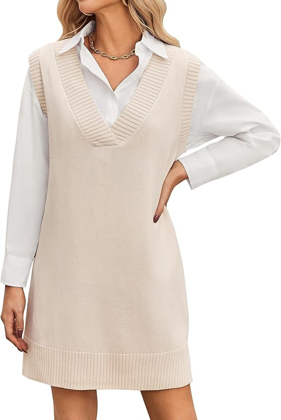 Zeagoo Women's Oversized Sweater Vest Dress V Neck Knit Pullover Sweater Vest Sleeveless Sweater ... | Amazon (US)