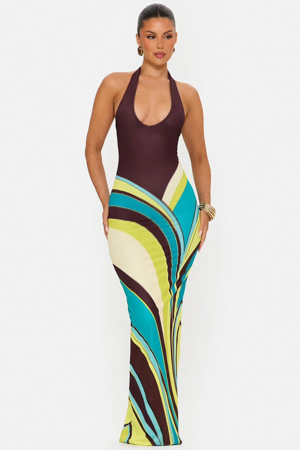 Brown Swirl Print Halter Neck Maxi Dress | ISOLA | Murci | Murci