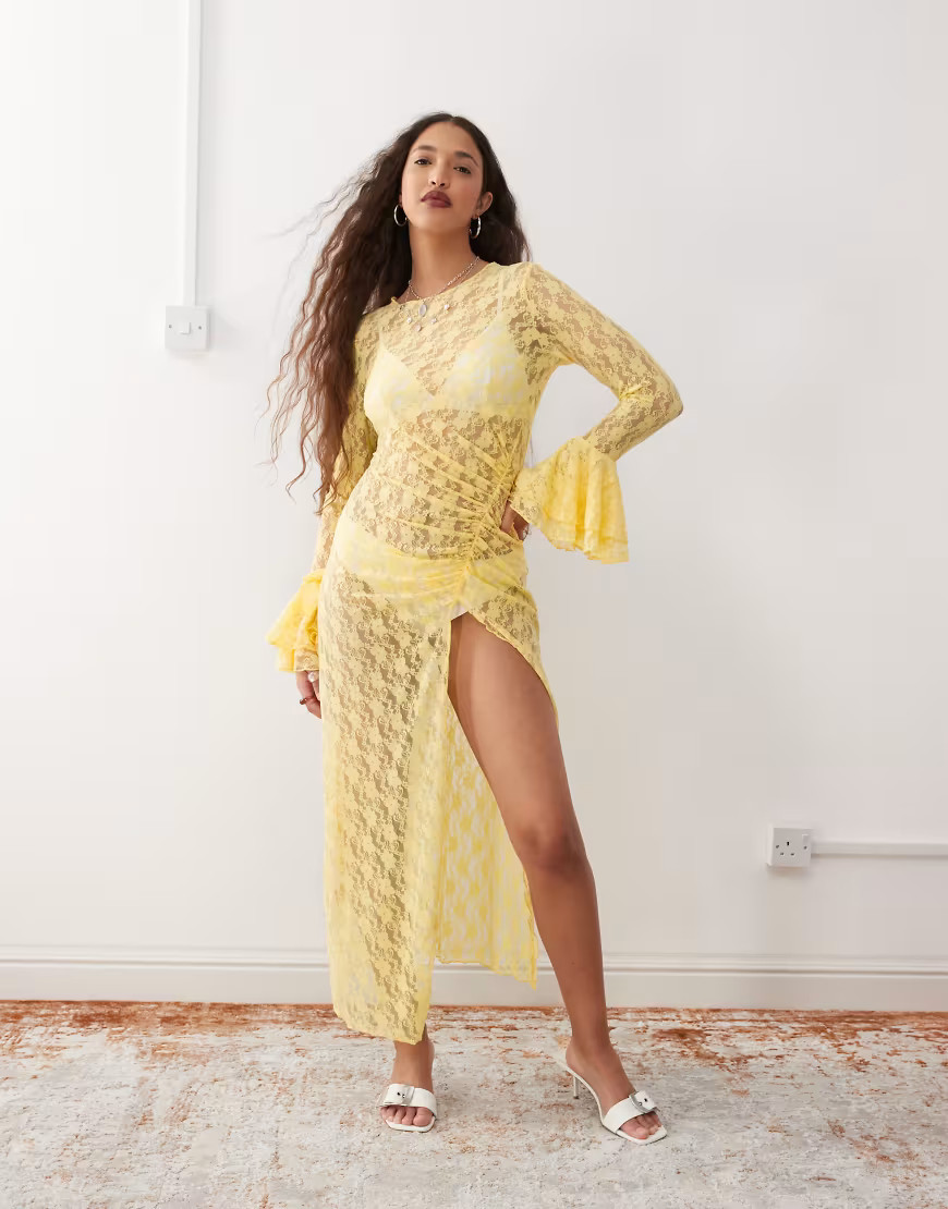 Amy Lynn sheer lace midaxi dress with ruched split in yellow | ASOS (Global)