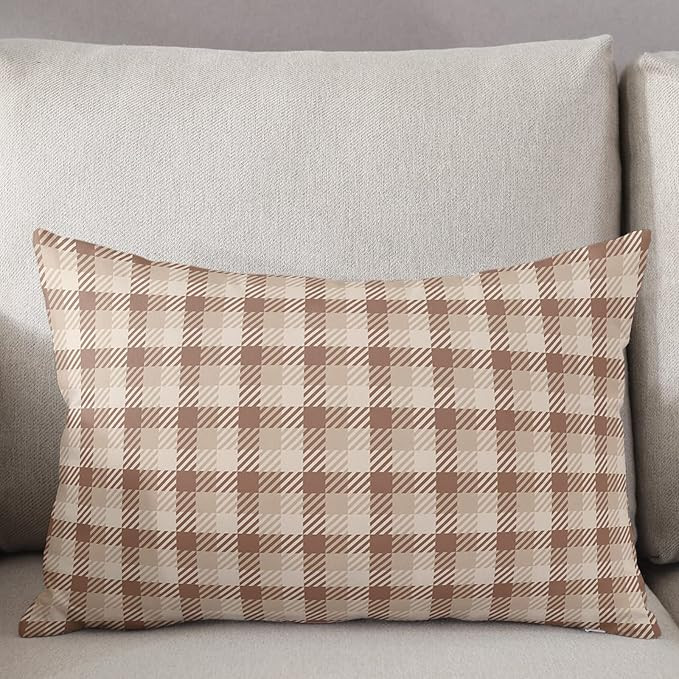 Throw Pillow Cover Rectangle Satin Cushion Case, Fall Farmhouse Decoration Brown Checkered Tartan... | Amazon (US)