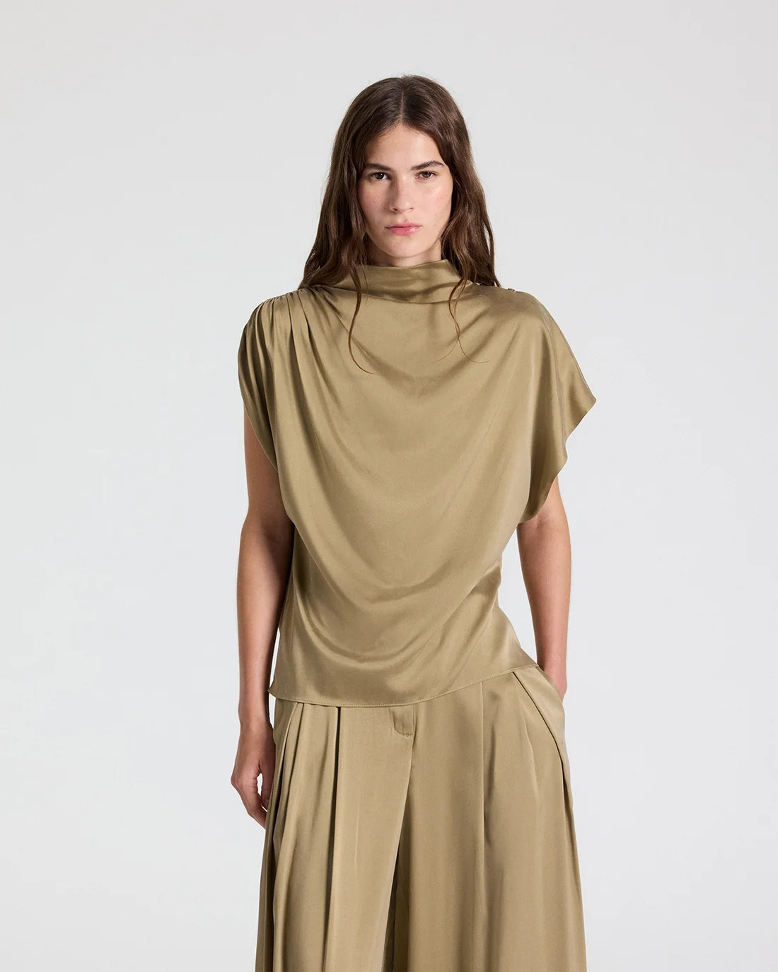 Women's Silk Charmeuse Draped Top in Kelp | TWP | TWP