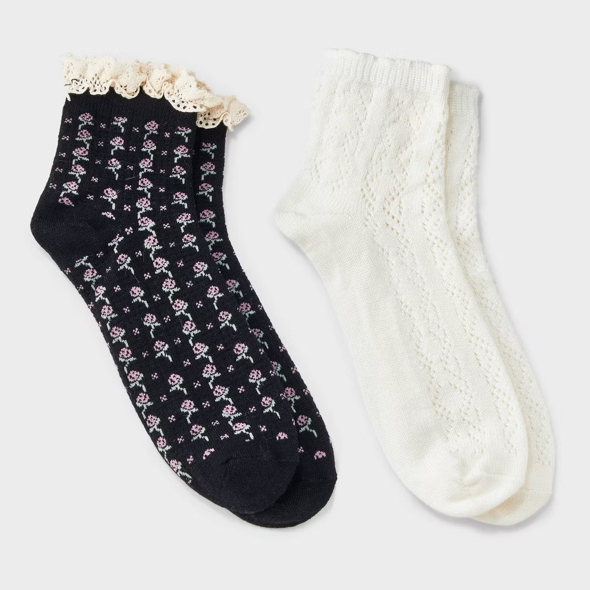 Women's Floral Lace and Pointelle 2pk Ankle Socks - Auden™ Black/Ivory 4-10: Midweight Knit, Ri... | Target