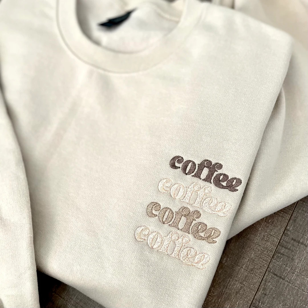 Embroidered Coffee Sweatshirt: Trendy Tonal Crewneck - Etsy | Etsy (US)