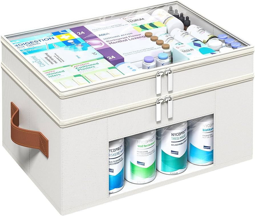 Medicine Organizer for Cabinet, 2-Tier Foldable Medicine Storage Box with Clear Cover and Leather... | Amazon (US)