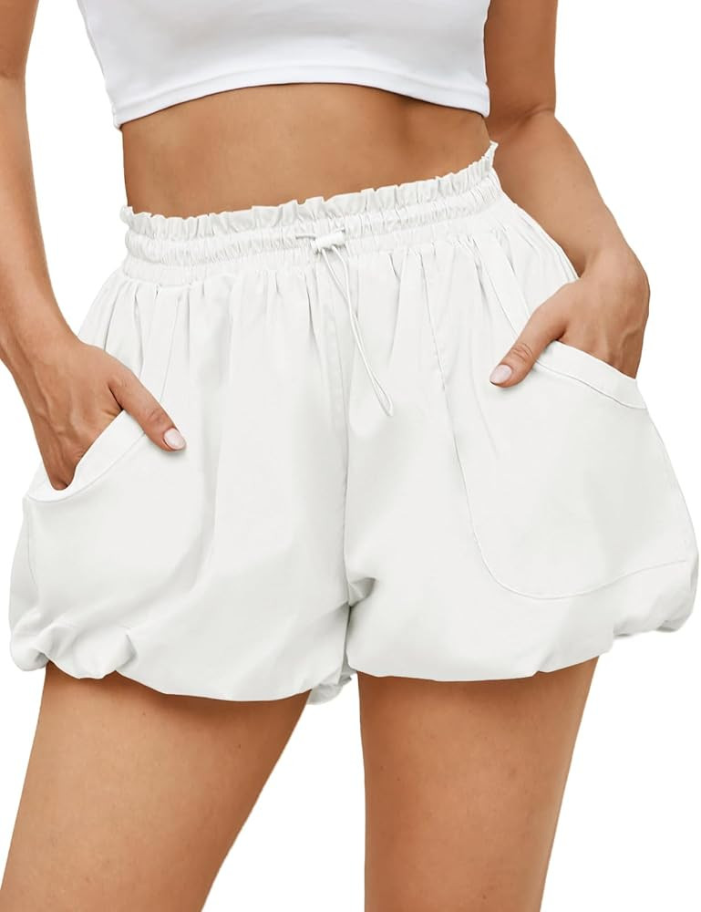 Fisoew Womens Summer Bubble Shorts Casual High Waisted Workout Puffy Shorts with Pockets | Amazon (US)