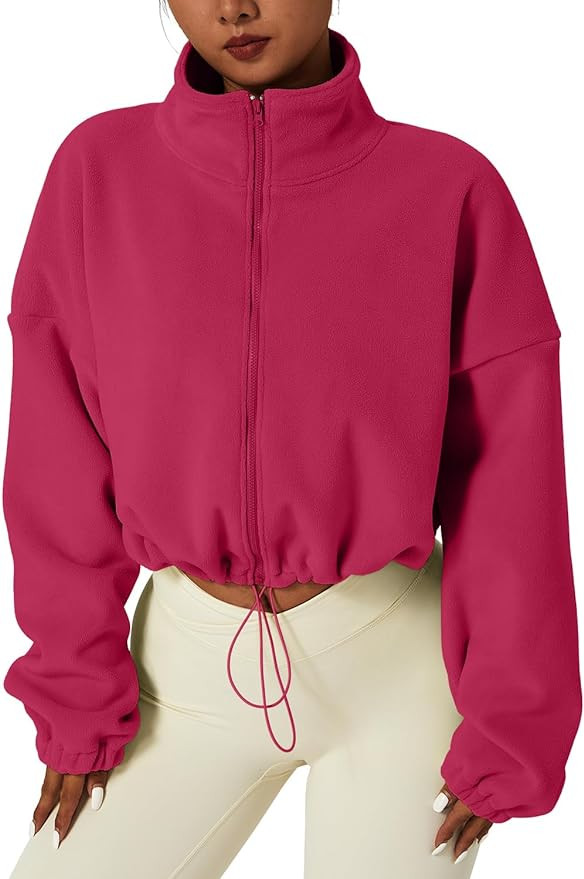 QINSEN Women's Full Zip Fleece Short Jacket Warm Winter Long Sleeve Stand Collar Sherpa Crop Coat | Amazon (US)