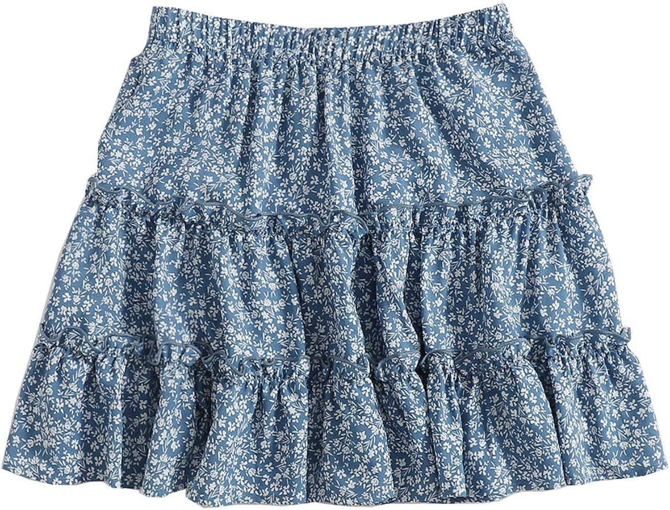 Women's Boho Floral Print Layered Frill Trim Ditsy Mini Short Flared Skirt | Amazon (US)