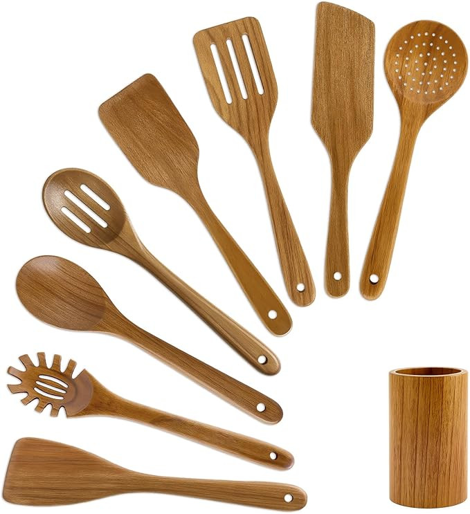 9 Pack Best Wooden Spoons Non Toxic Cooking Utensil Set with Utensils Holder Kitchen Slotted Turn... | Amazon (US)