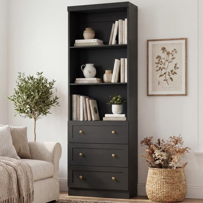 Besiost 80" Tall Bookshelf with 3 Drawers and Shelves, Wooden Storage Cabinet, Thickened Top Bookcase, Black | Target