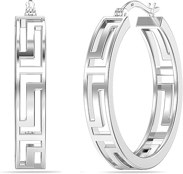 LeCalla 925 Sterling Silver Greek Key Hoop Earrings Lightweight Click-Top Greek Wall Cut-Out Pattern Earring Hoops for Women | Amazon (US)