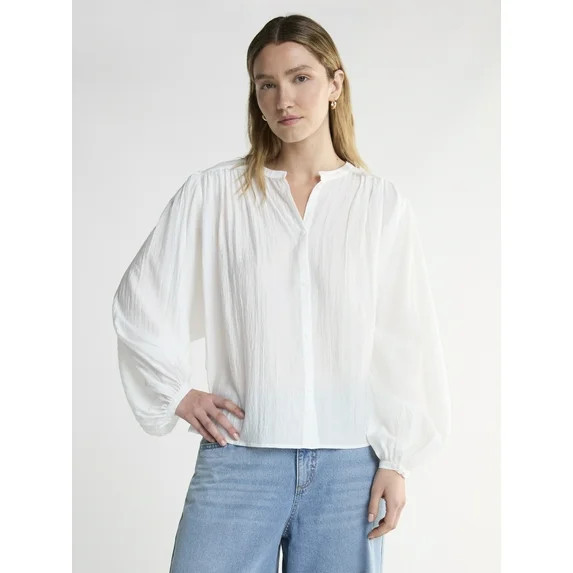 Women's Scoop Neck Chiffon Shirt with Sleeves Blouses, Sizes XS-XXL | Walmart (US)