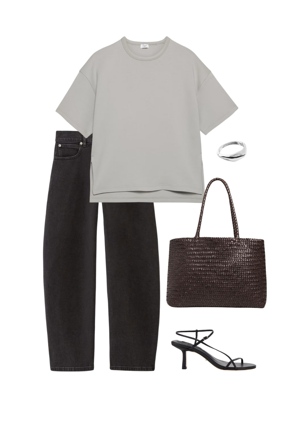 Effortless from AM to PM

Spring Outfit 2025 | Black Barrel Jeans | Brown Woven Bag | Black Strappy Sandal Heel | Silver Braclet | Oversized T-Shirt 

 #LTKcanada #LTKspring #LTKsummer