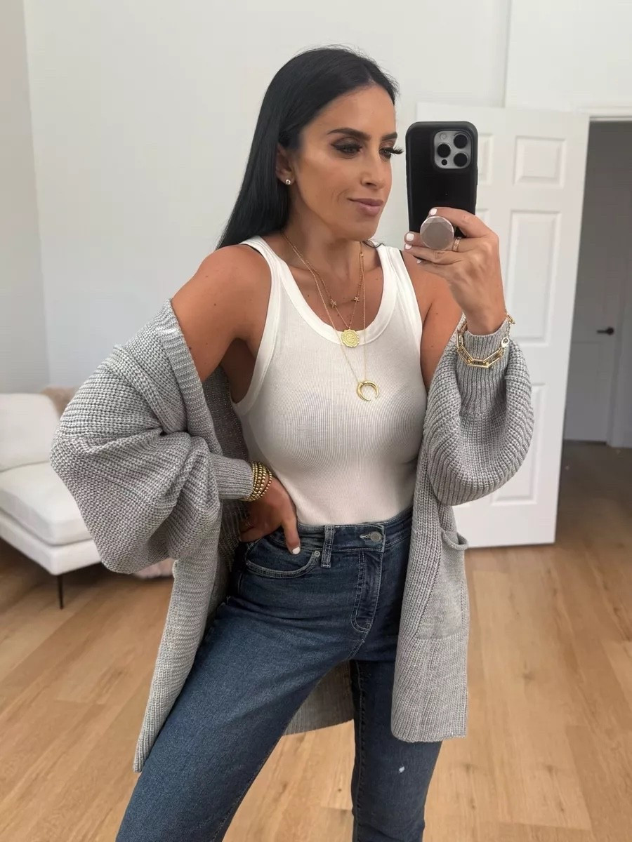 Womens Long Cardigan Sweater wearing size medium.

