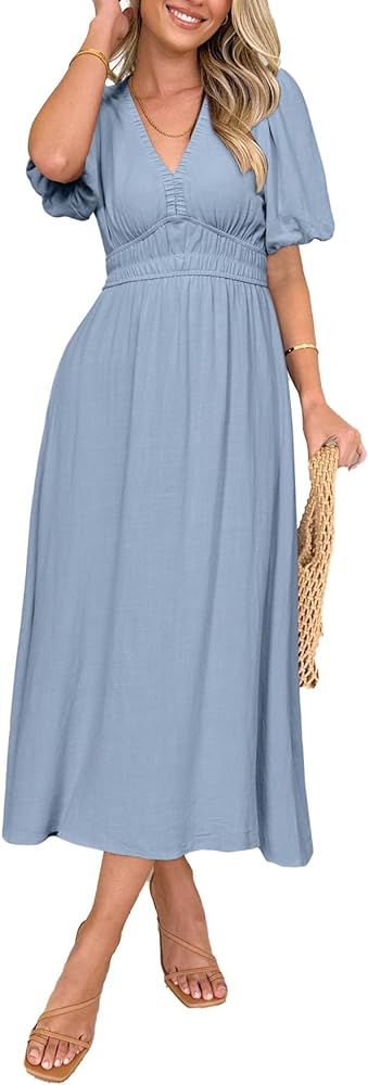 Simplee Women's Summer Boho Maxi Dress Casual V Neck Puff Sleeve Wedding Guest Dress Flowy Linen ... | Amazon (US)