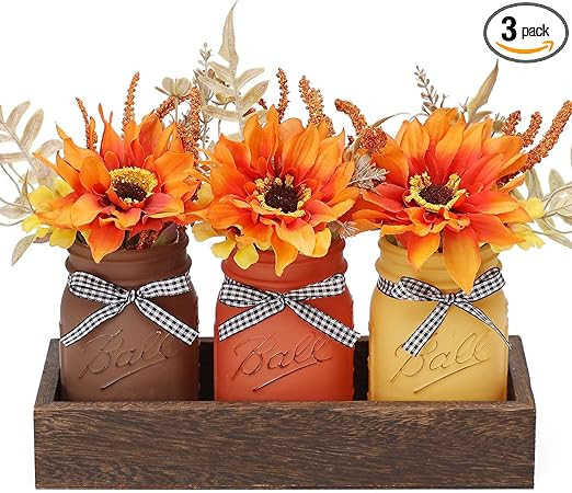Fall Mason Jar Centerpiece for Table with Wood Tray & Artificial Flowers, Set of 3 Mason Jars Far... | Amazon (US)