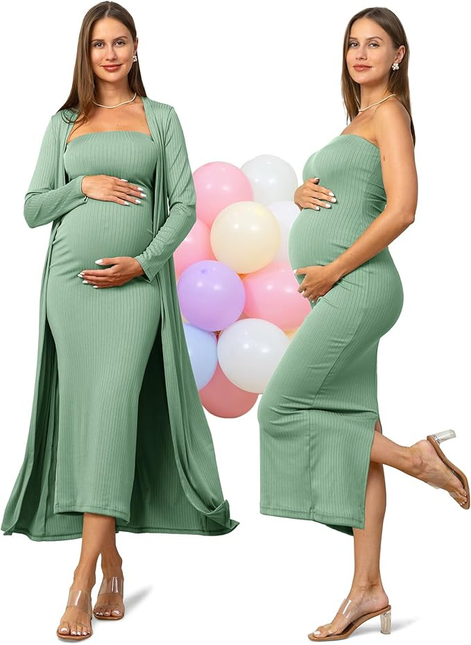 Rnxrbb 2 Piece Maternity Dress Cardigan Baby Shower Wedding Guest Summer Gender Reveal Photoshoot... | Amazon (US)