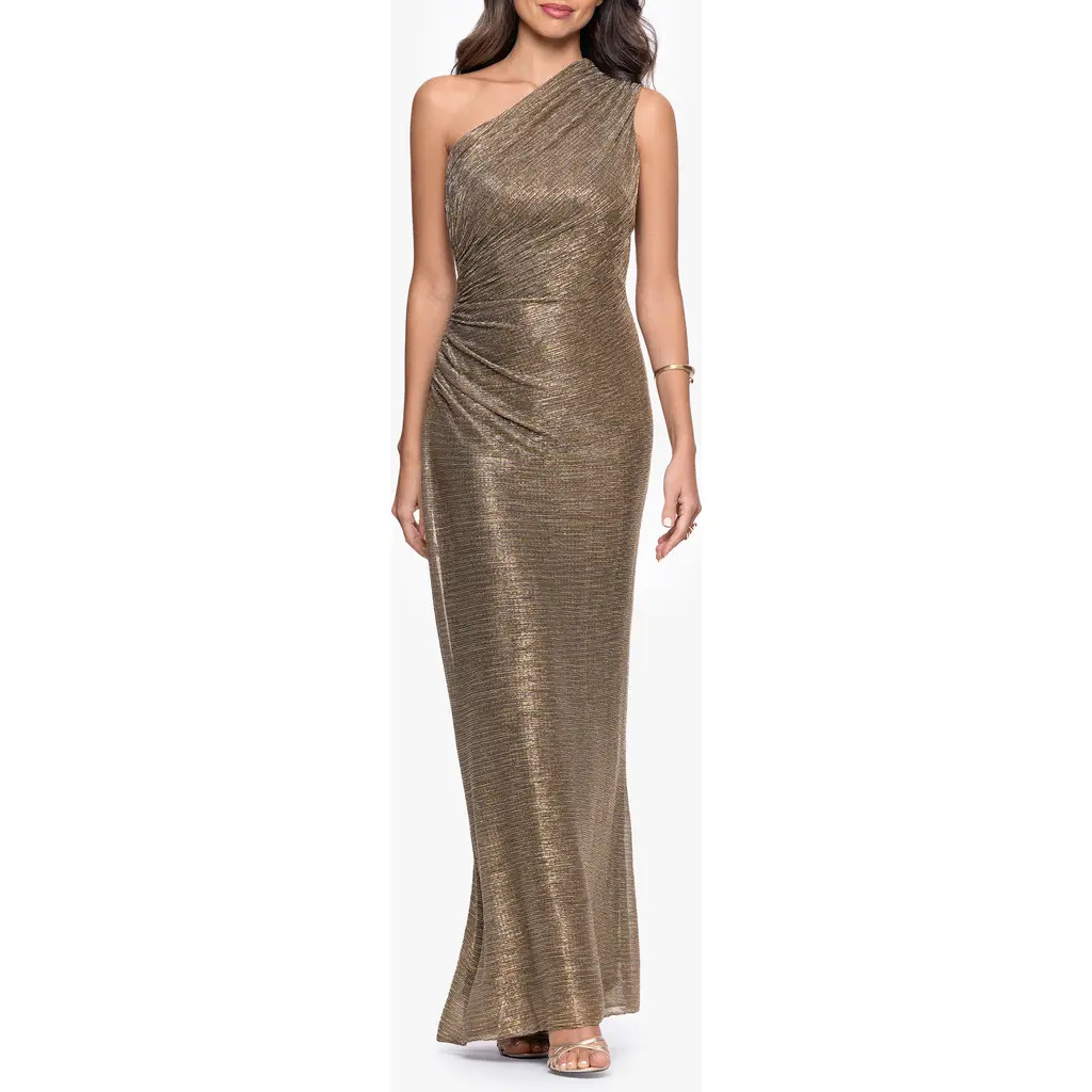 Betsy & Adam One-Shoulder Metallic Crinkled Column Gown in Mocha/Gold at Nordstrom, Size 12 | Nordstrom