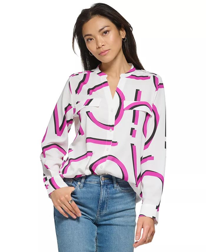 Contrast Logo Button Front Blouse | Macys (US)