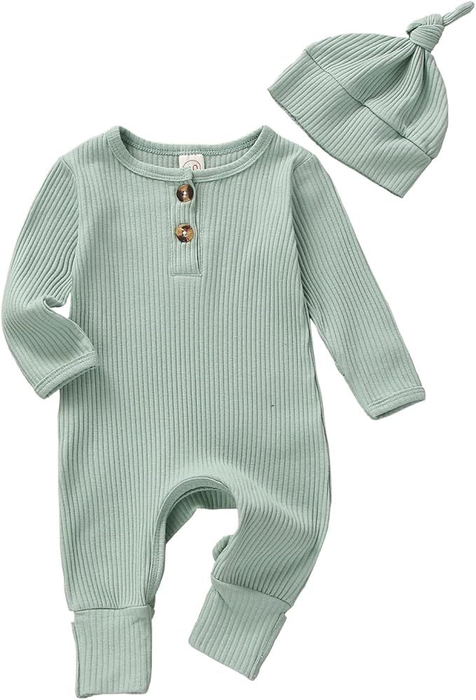 Infant Boys Girls Clothes Set Newborn Baby Romper Hat Ribbed Knit Long Sleeve Button Solid Bodysu... | Amazon (US)