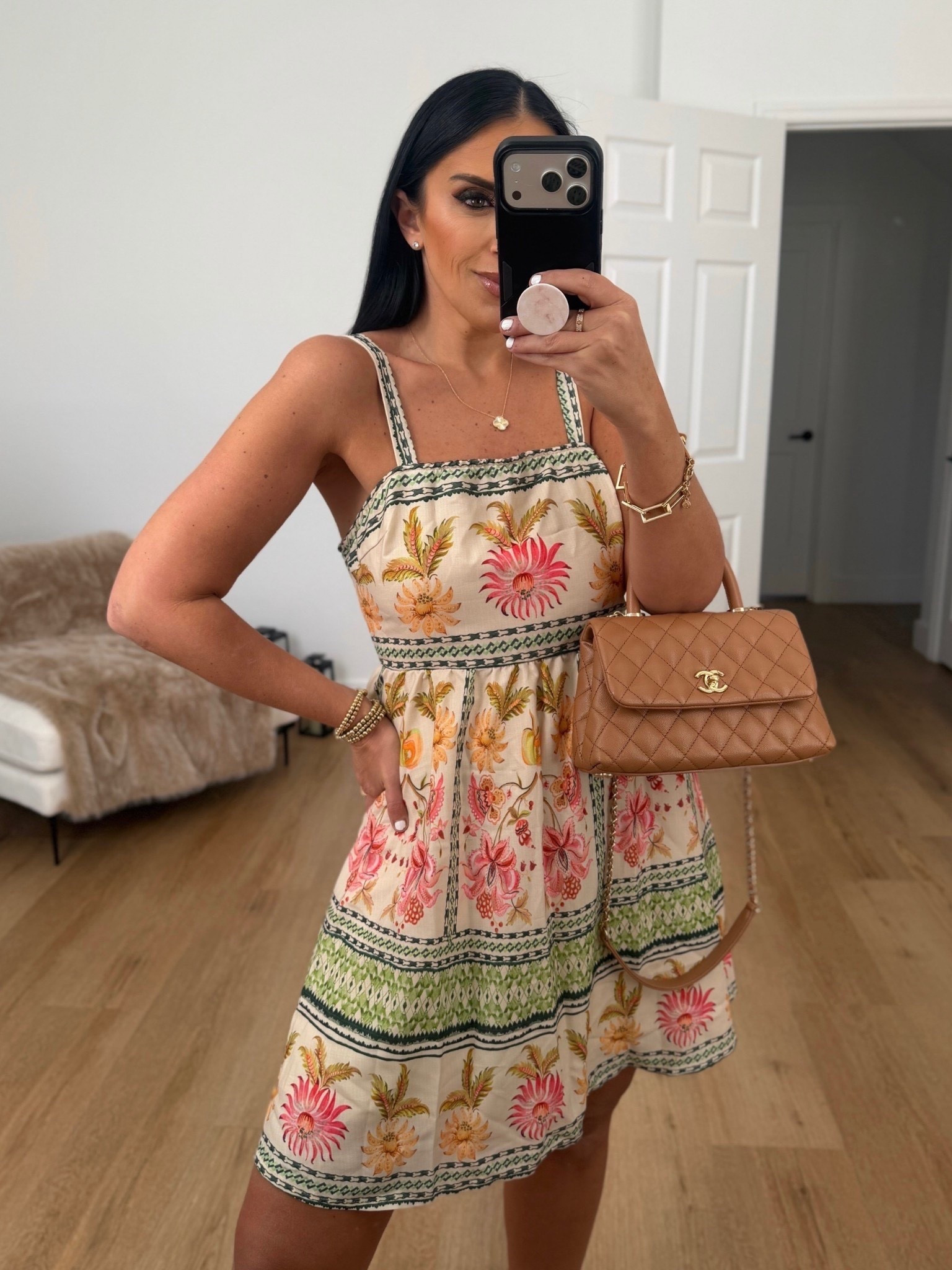 Women's Floral Print Cami Dress wearing size medium. 
Looks like farm Rio but is from amazon
