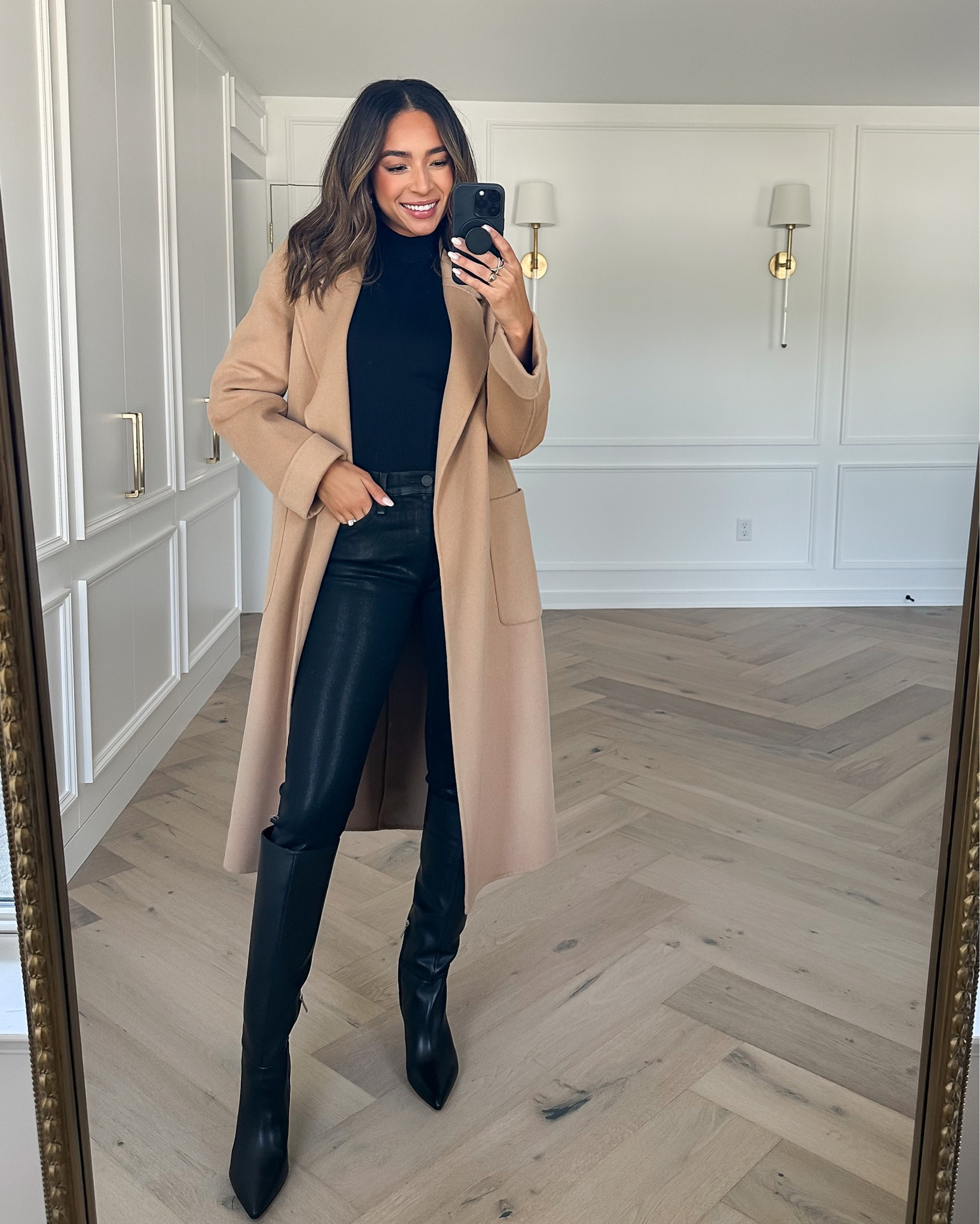 Nordstrom anniversary sale outfit🖤wearing a XXS in black mock neck top (runs large), 26 in black coated denim (tts), size 4 in tan wool coat (runs small) and knee high boots run tts.

#LTKxNSale #LTKstyletip