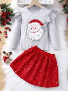 Young Girl Christmas Santa Claus Print Ruffle Trim Tee & Sequin Skirt | SHEIN