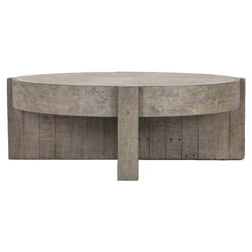 Melia Rustic Lodge Grey Concrete Top Pine Wood Base Round Coffee Table | Kathy Kuo Home