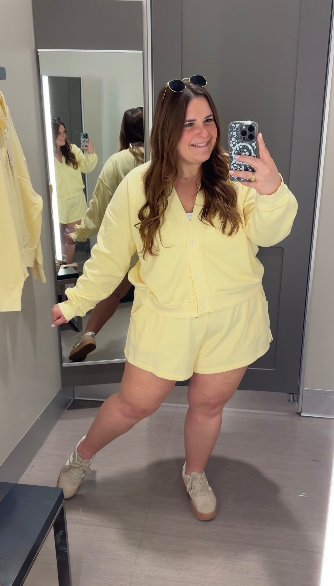 Obsessed with this beautiful butter yellow set! I’m wearing an XXL in the shorts and an xl in the cardigan! So soft and comfy! Finished the look with amazon sneakers and my favorite Amazon sun glasses! 

#LTKPlusSize #LTKMidsize #LTKootd