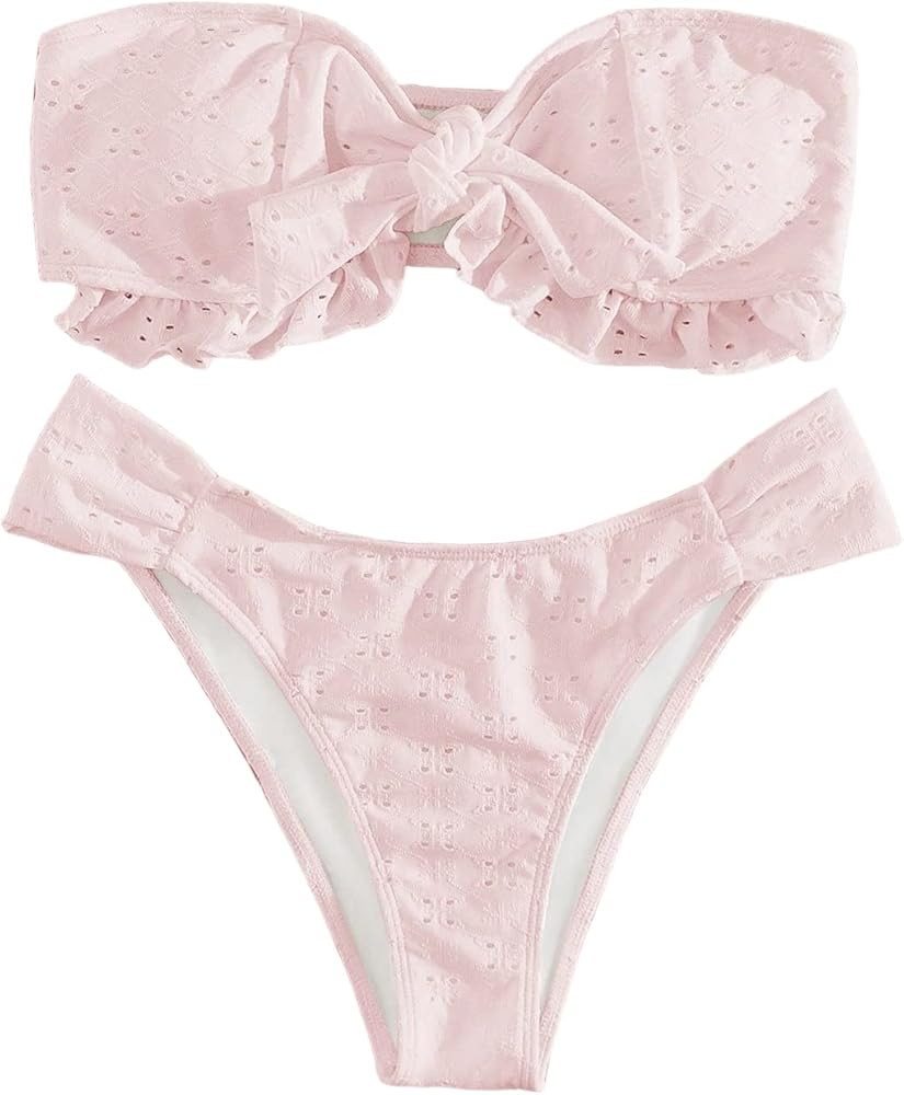 WDIRARA Women's Ruffle Knot Front Bandeau Bikini Set 2 Piece Strapless Swimsuit | Amazon (US)